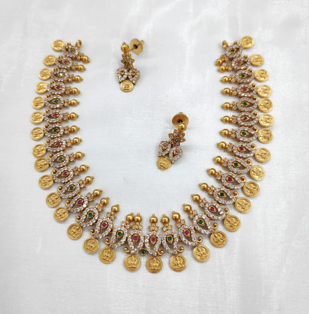 AD CZ Mango Lakshmi Coin Ruby Green Necklace Set ADN2224