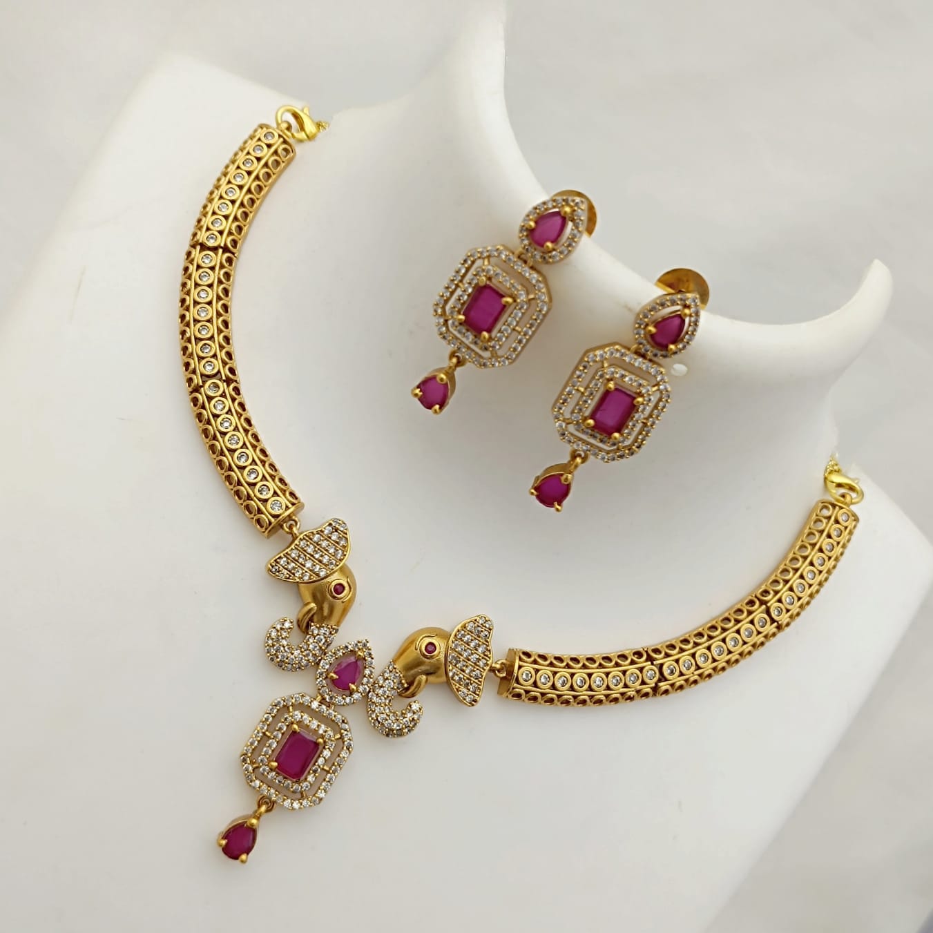 AD Elephant Design Ruby CZ Necklace Set ADC5562