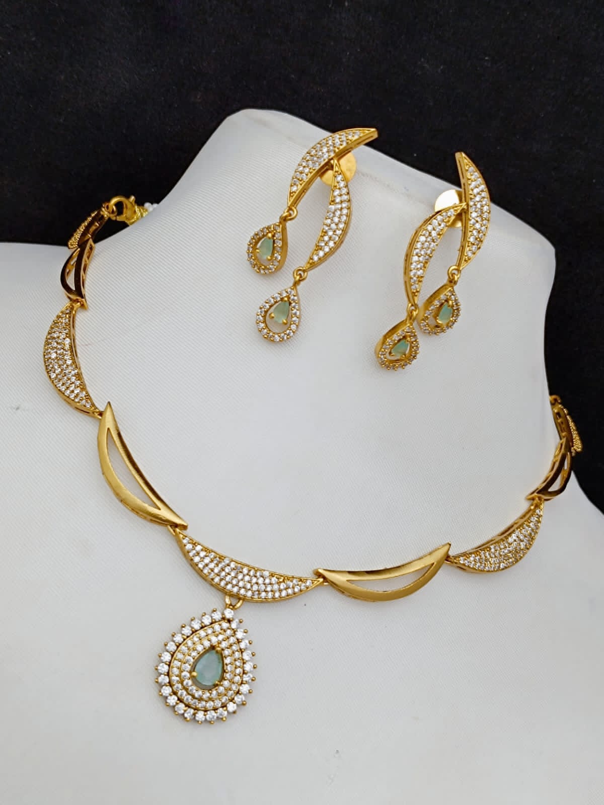 AD Half Moon CZ Green Necklace Set ADN2226