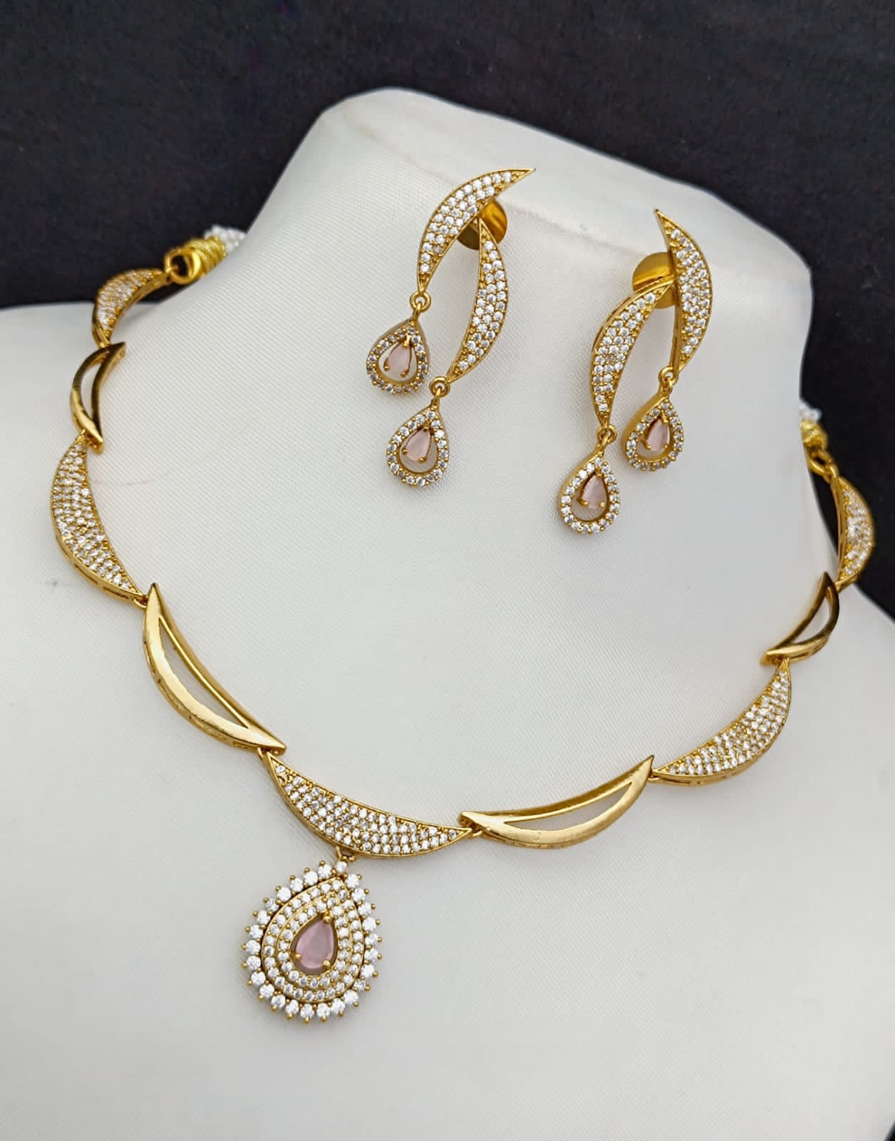 AD Half Moon CZ Pink Necklace Set ADN2227
