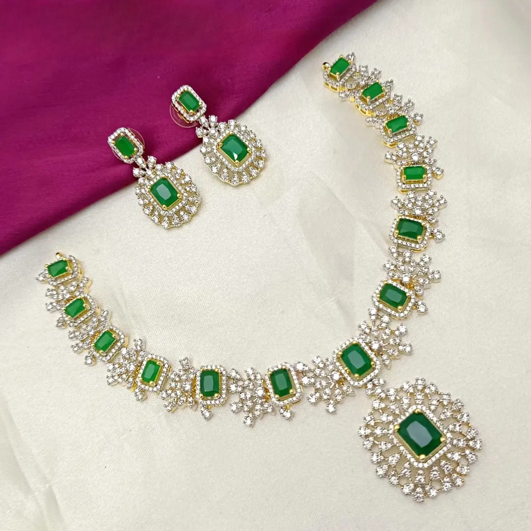 American Diamond Floral Green Bridal Necklace Set