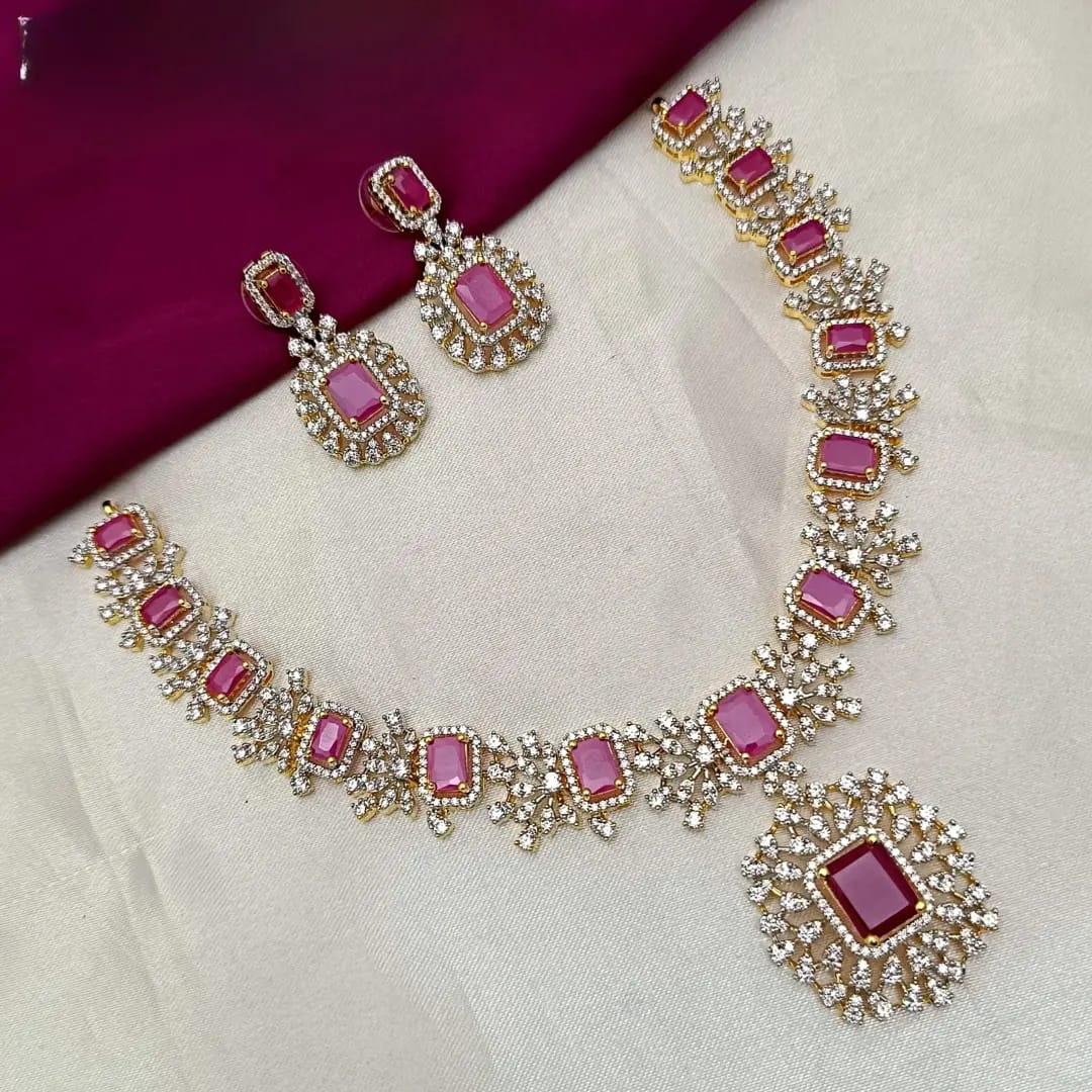 American Diamond Floral Ruby Bridal Necklace Set