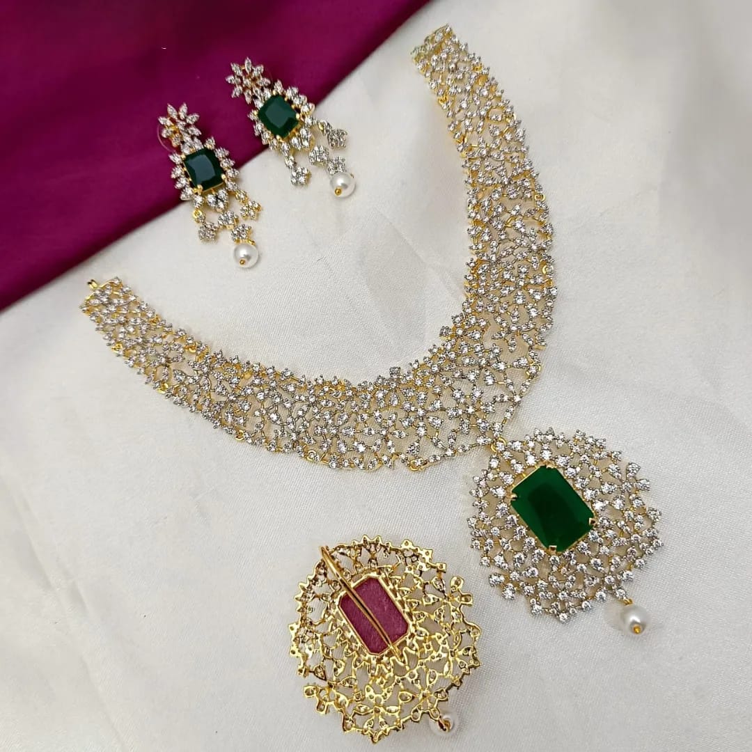 American Diamond GJ Polish Pendant Removal Green  Bridal Necklace Set
