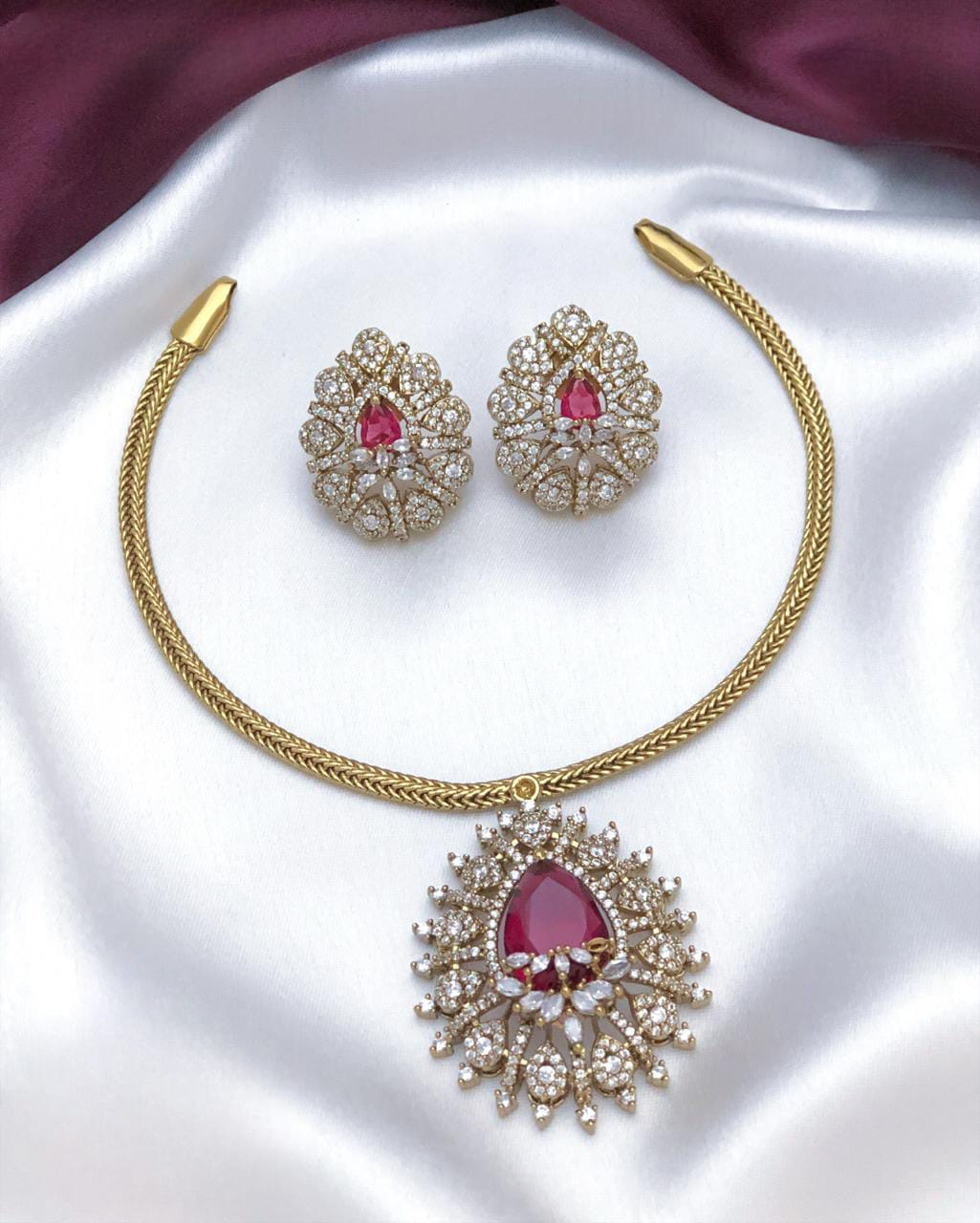 American Diamond Hasli Pink Necklace Set SJ184