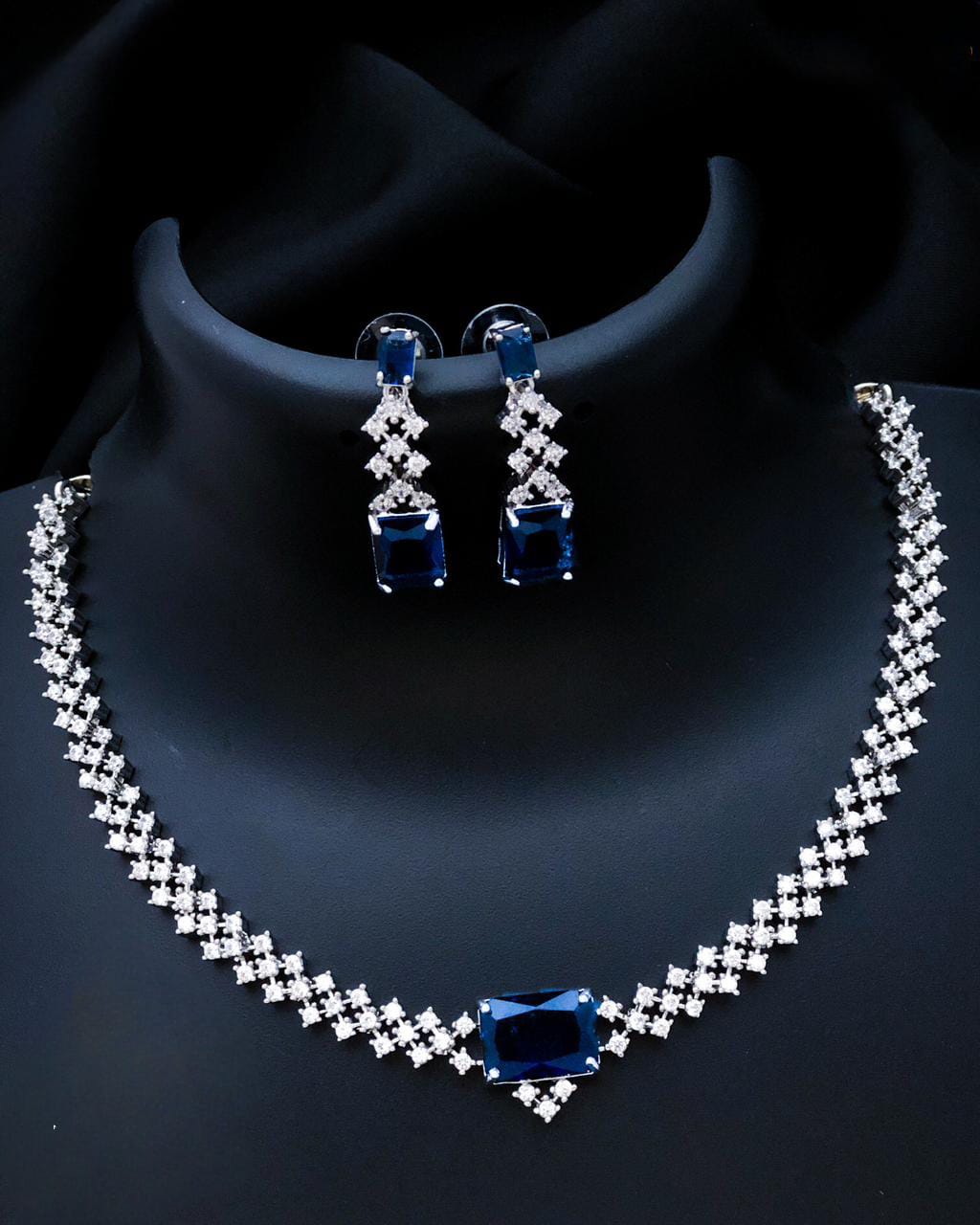 American Diamond Silver Blue Necklace Set ADC5570