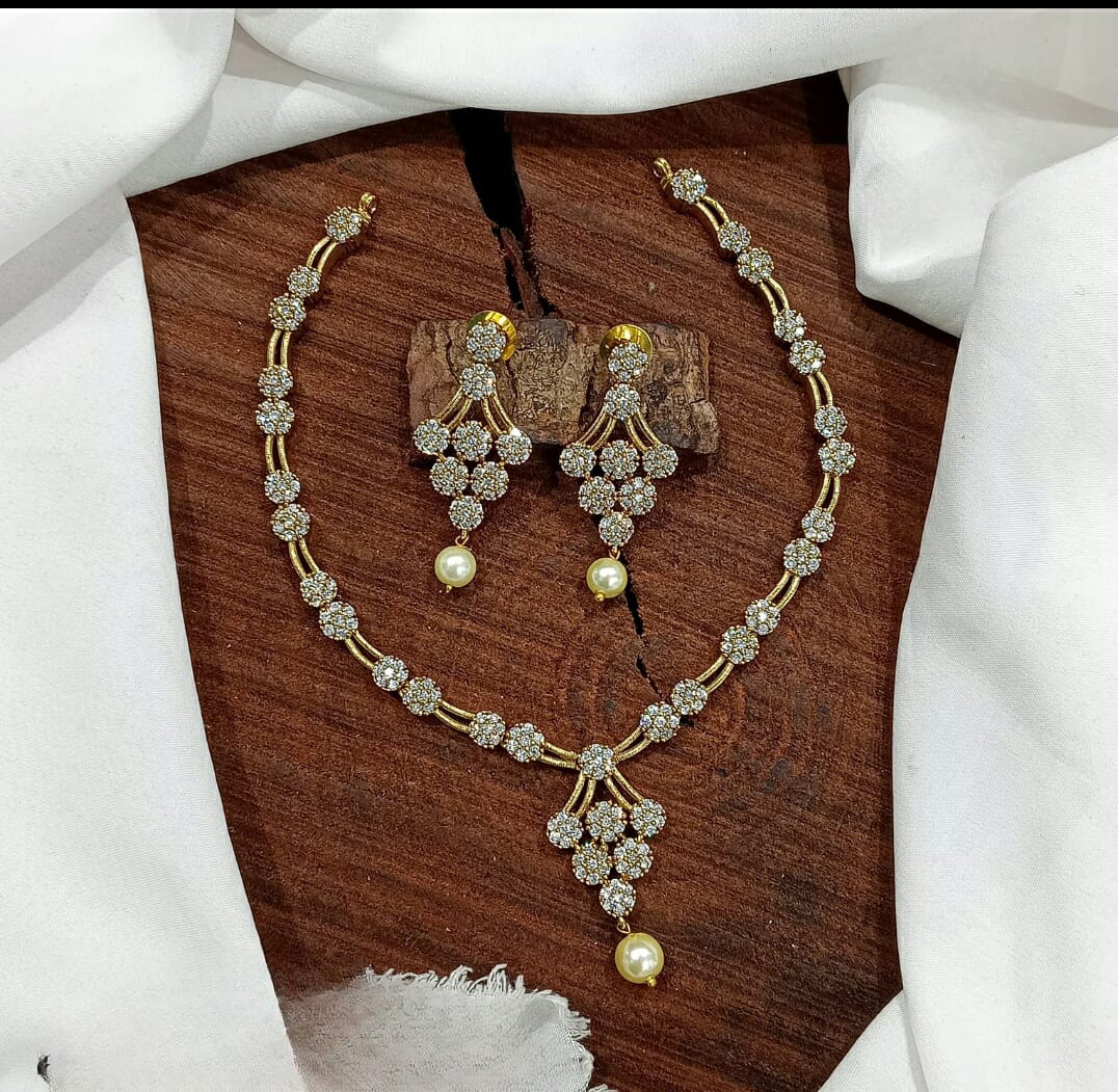 American Diamond Uncut Floral Two Layer Necklace Set SJ183