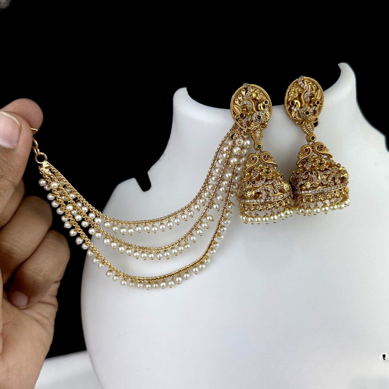 Antique Gold Lakshmi Jhumkas With Mattal SJ197