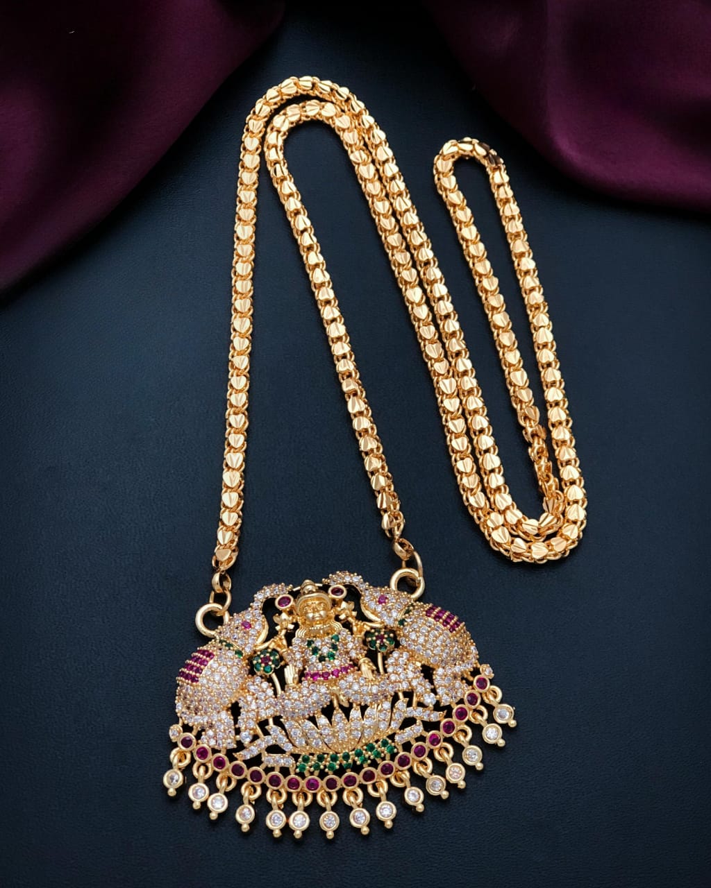 Lakshmi Peacock AD Multi Micro Gold Dollar Chain SJ283