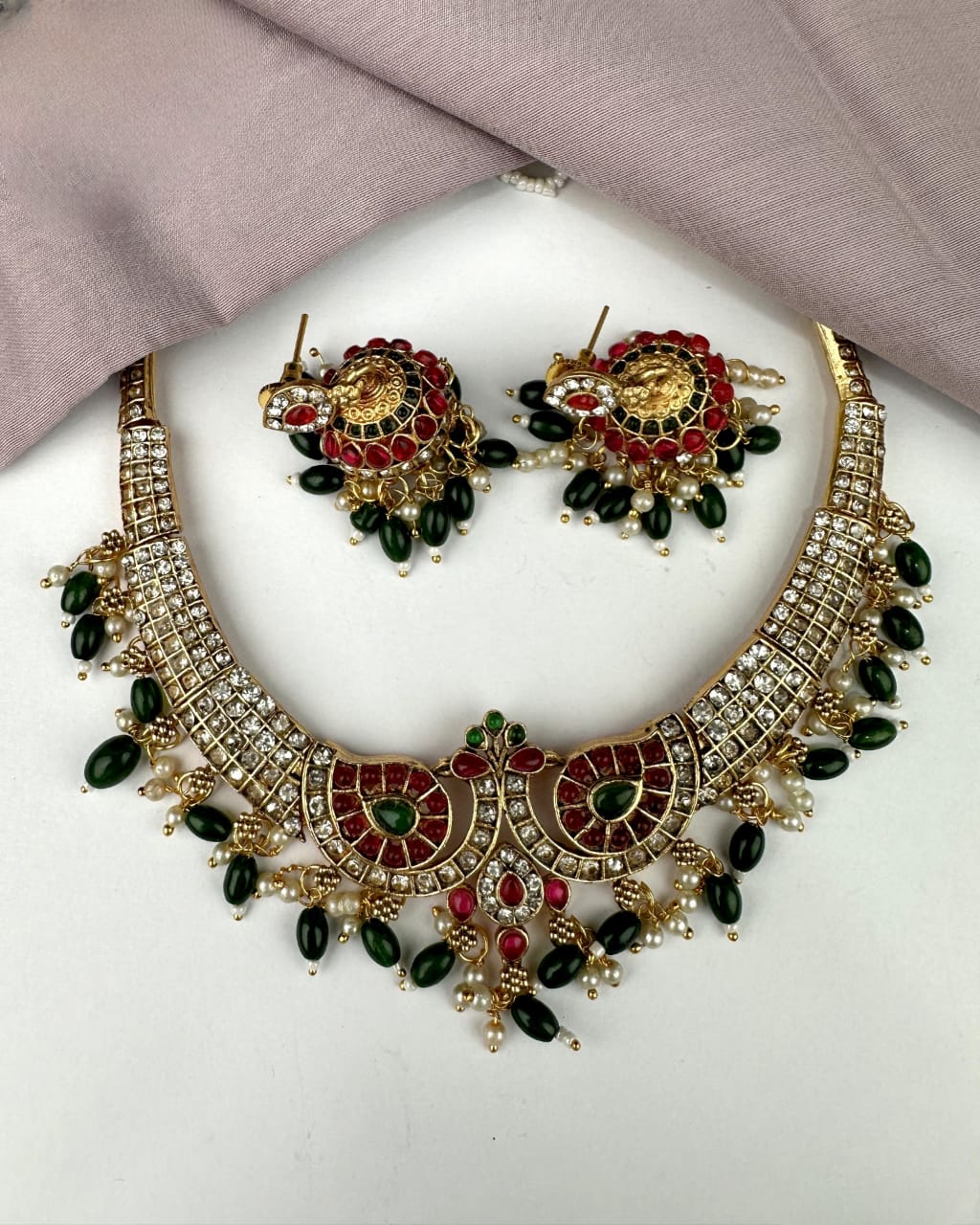 Peacock Green Beads Necklace Set