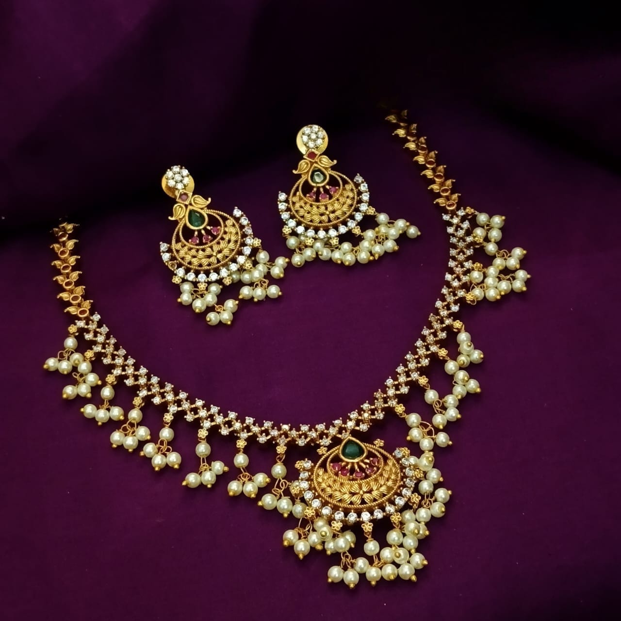 Traditional Pearl Drop AD Necklace Set