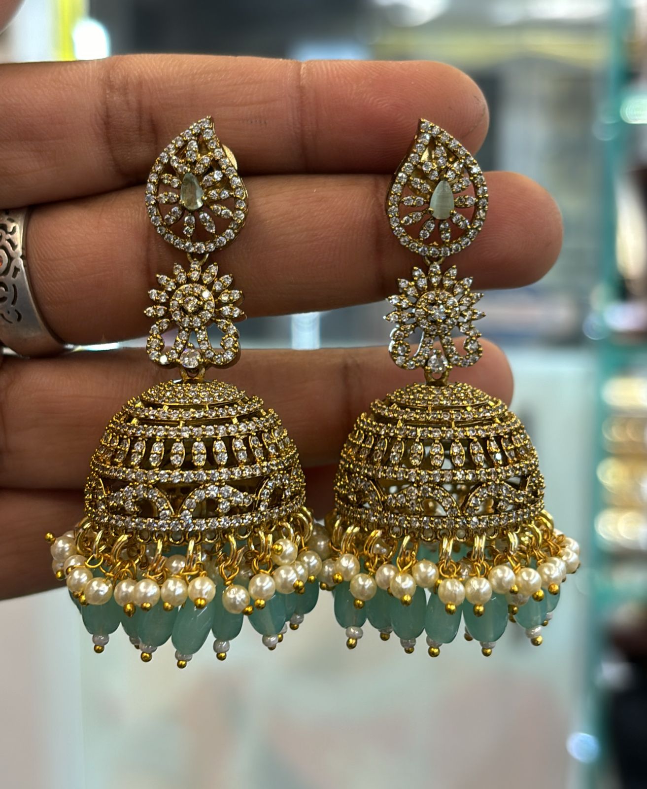 Victorain Green Beads Jhumkas